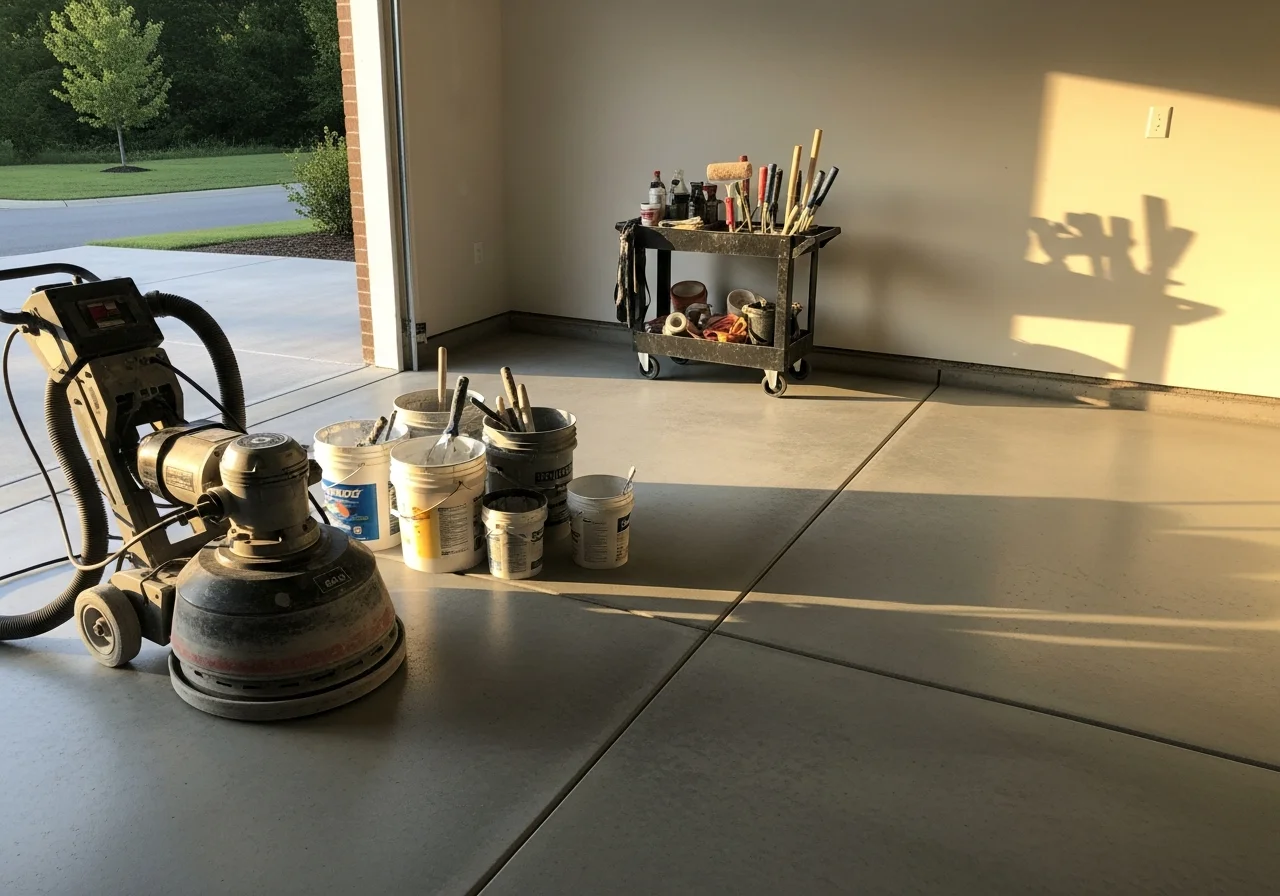 Professional flooring crew with grinding and coating equipment on a residential garage floor, demonstrating polyaspartic and epoxy application.