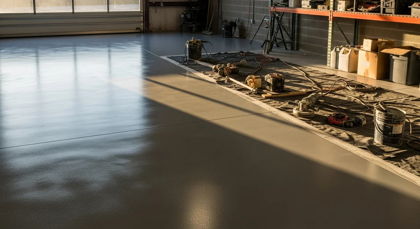Worker preparing concrete surface before coating application