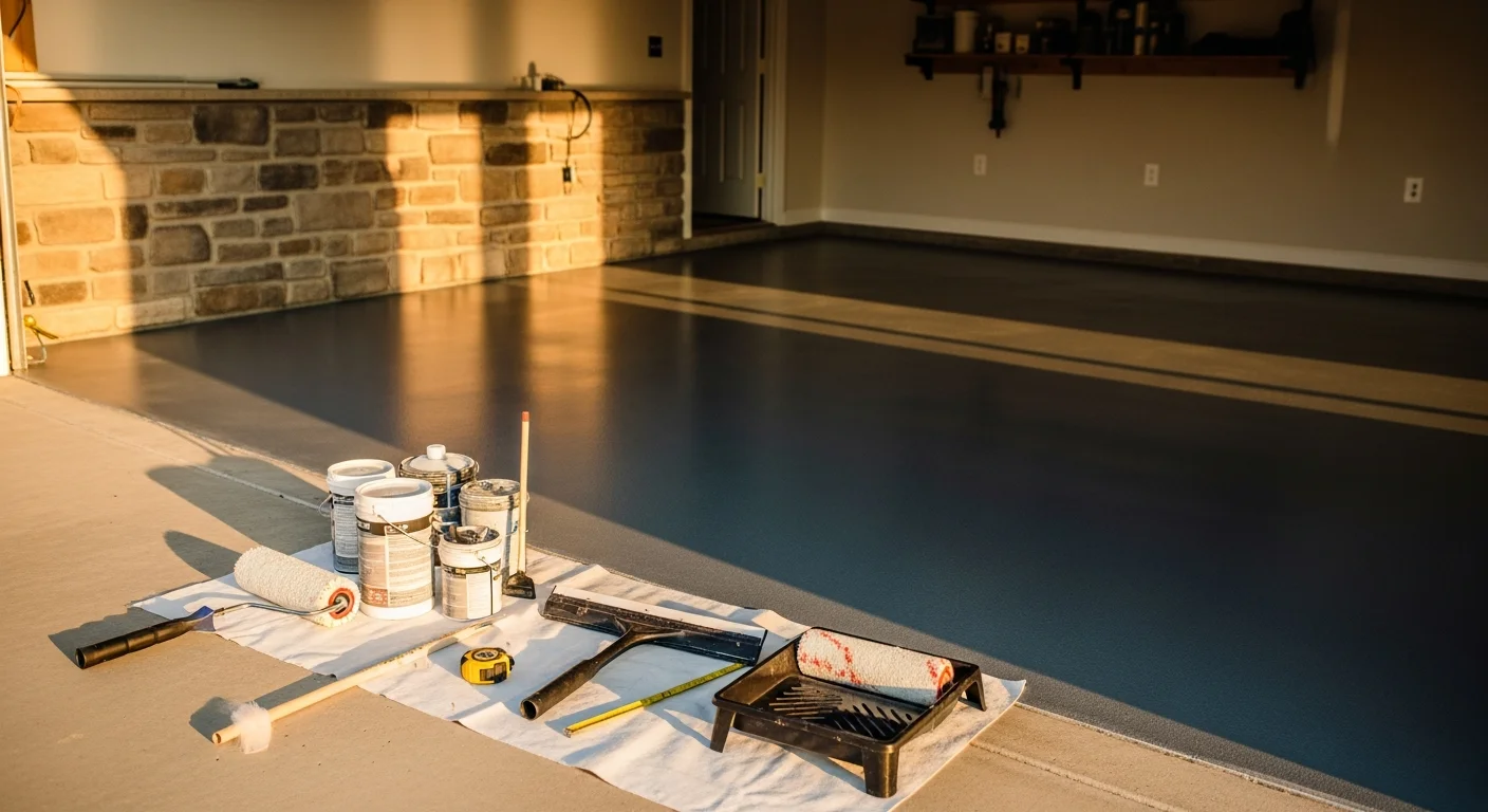 Professional applying epoxy coating to garage floor with grinding machine