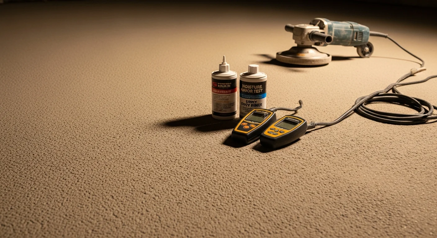 A finished basement floor in a Tennessee home showing a smooth, sealed concrete coating in a neutral gray tone. The coated surface reflects overhead lighting and covers the full slab of a below-grade living space.