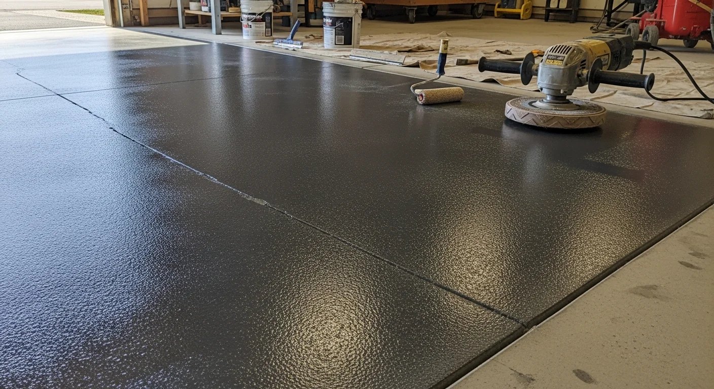 A finished concrete coating system on a residential garage floor in Tennessee, showing a smooth, sealed surface with a decorative flake finish. The coated floor reflects overhead lighting and shows no dusting, staining, or surface wear.