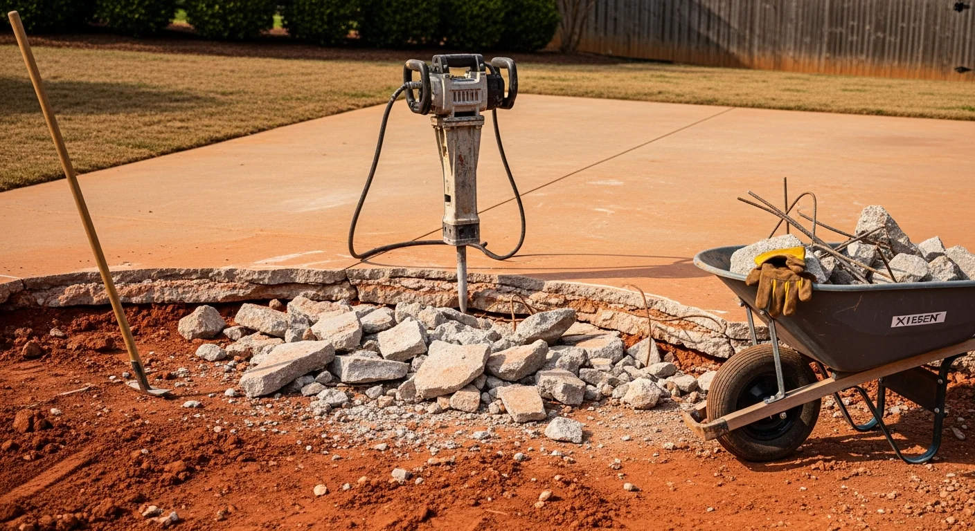 A concrete demolition crew breaking up a cracked residential garage slab in Tennessee, with debris cleared to the side and the subbase exposed and ready for new concrete installation.
