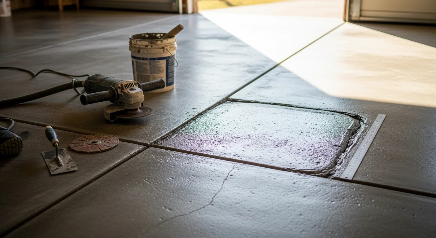 Repaired concrete garage floor in a Tennessee residential home showing filled cracks and a smooth, clean surface ready for coating. Close-up view of the slab repair work completed by Garage Floor Luxury in the Nashville and Knoxville service area.
