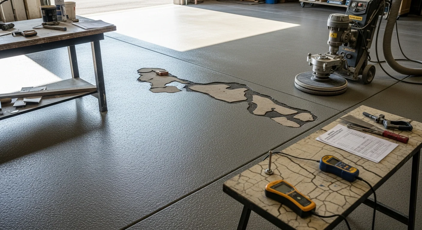 A Tennessee garage floor mid-preparation showing a diamond-ground concrete slab with an open, textured surface profile ready for coating. The floor is clean and dust-free inside a residential garage in the Knoxville area.