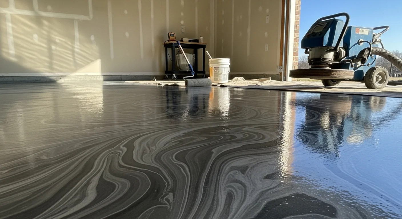 A finished epoxy metallic garage floor in a Tennessee home showing a high-gloss, swirled metallic surface in deep gray tones with a seamless finish from wall to wall. The floor reflects overhead lighting clearly, with no visible cracks, stains, or concrete dust.