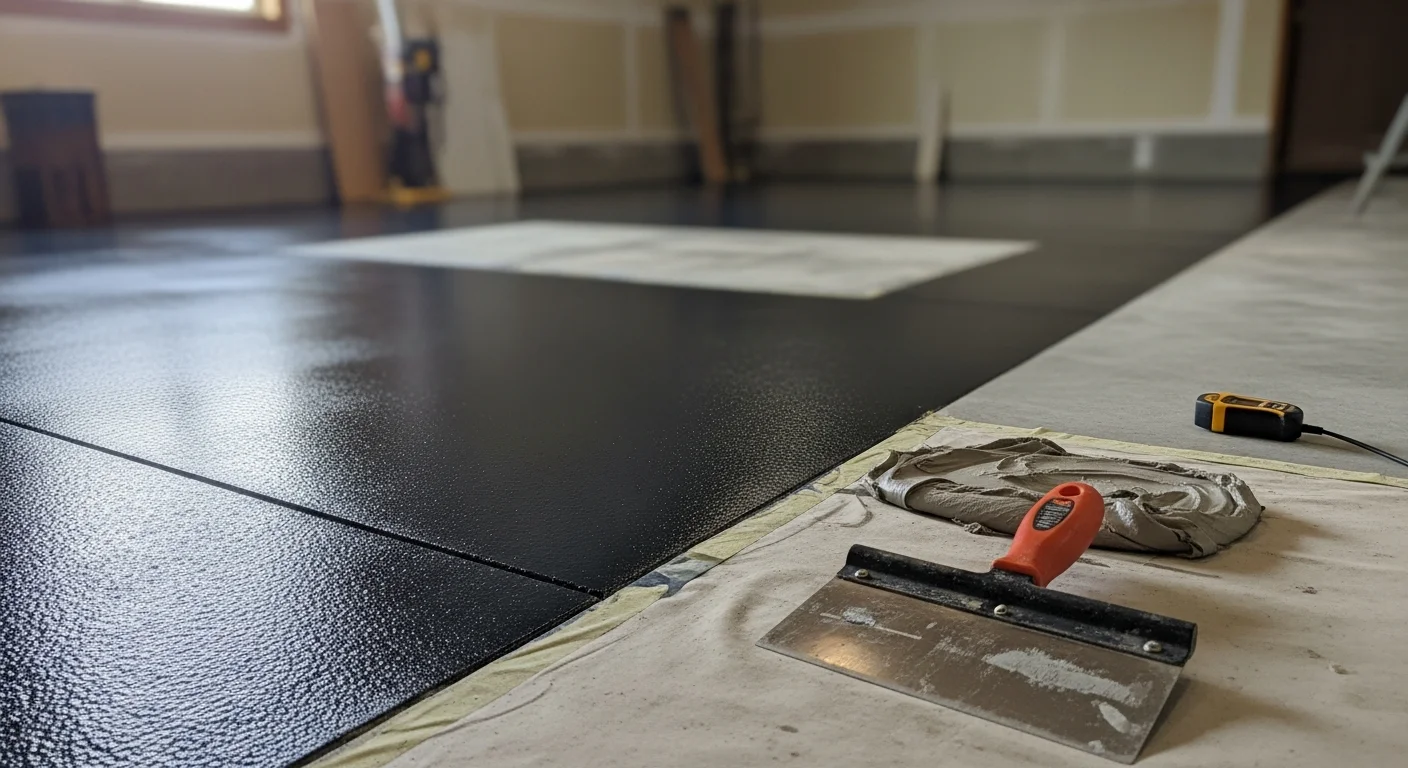 Freshly refinished garage floor with a smooth, sealed coating inside a residential garage in Knoxville, Tennessee. The concrete surface shows no visible cracks or staining after the Garage Floor Luxury refinishing process.