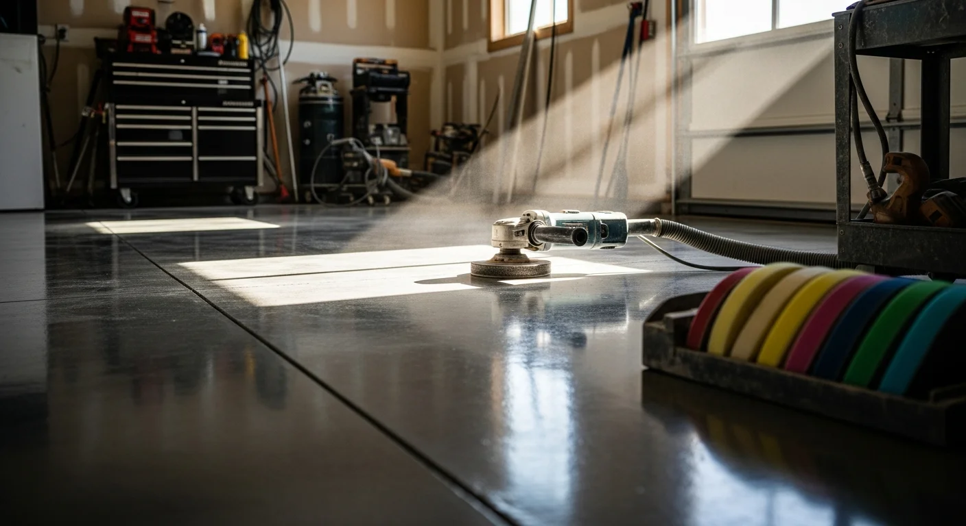 Polished concrete garage floor with a high-gloss reflective finish installed by Garage Floor Luxury in a Tennessee residential home. The smooth, light-gray surface reflects overhead lighting in a clean, finished garage space.