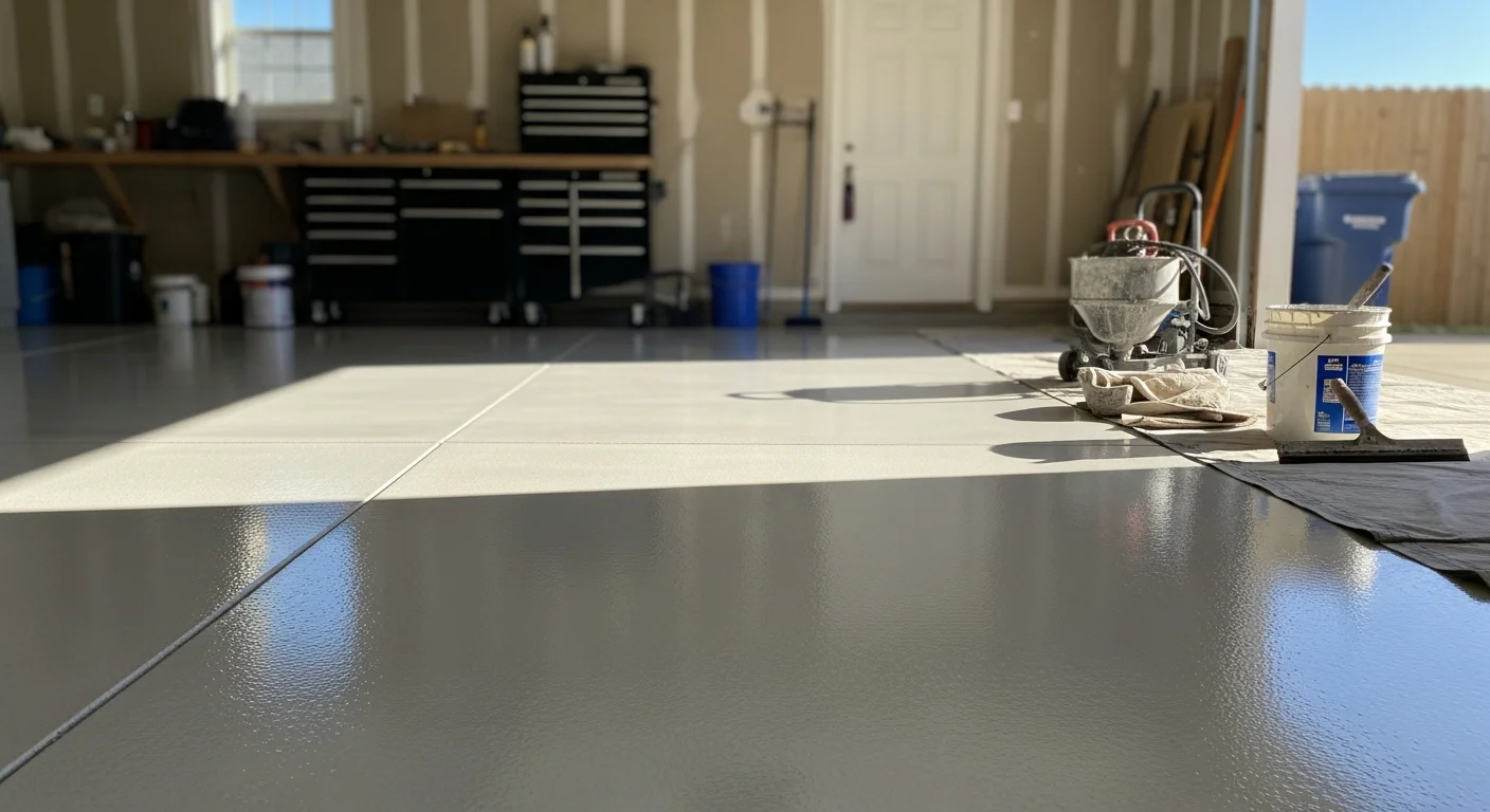 Freshly applied polyaspartic floor coating on a residential garage floor in Tennessee, showing a smooth, high-gloss finish with a light decorative chip pattern. The sealed concrete surface reflects overhead lighting in a clean, organized two-car garage.